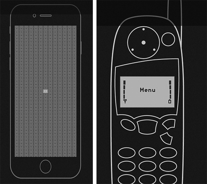 Đồ hoạ cho thấy màn hình iPhone 6S của Apple (trái) có độ phận giải gấp cái Nokia 5110 (phải) đến 514 lần.