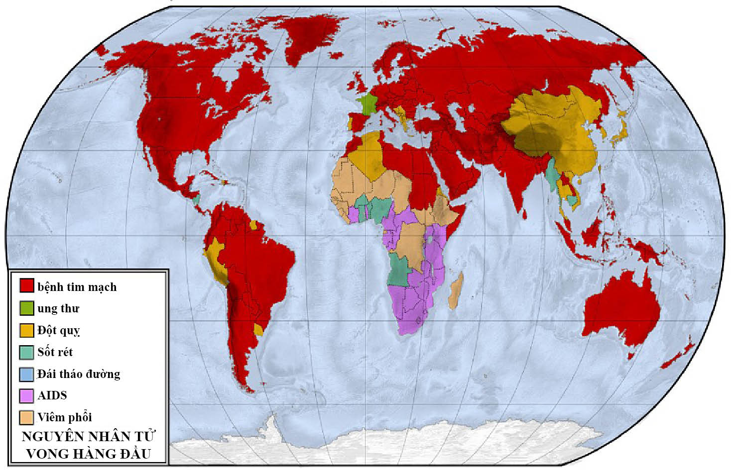 Những con số thống kê bệnh tật: quả Địa cầu này minh họa nguyên nhân tử vong khắp thế giới, theo nghiên cứu của Martin. Trên bản đồ, căn bệnh giết người nhiều nhất ở các nước là tim mạch, trong đó có Úc, một vài phần châu Âu, và Mỹ. trong khi đó, đột quỵ là nguyên nhân tử vong hàng đầu ở nhiều phần của châu Á.