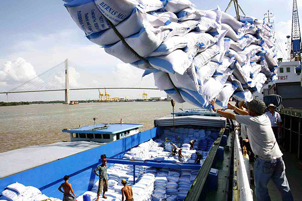 [29/09/2010 9:16:43 AM] Tháng 9 /2010, cả nước xuất khẩu được hơn 600.000 tấn gạo, nâng tổng sản lượng gạo xuất khẩu 9 tháng lên 5,55 triệu tấn, đạt kim ngạch 2,56 USD, tăng 11,75% về lượng và 14,35 về giá trị so với cùng kỳ năm trước.Hiện nay, giá gạo xuất khẩu của Việt Nam đang tăng nhẹ.Trong 8 tháng đầu năm, giá xuất khẩu bình quân là 470 USD/tấn, tăng 3% so cùng kỳ 2009, xấp xỉ với giá gạo của Thái Lan . Trong ảnh : Tổng công ty lương thực miền Nam bốc xếp gạo xuất khẩu tại cảng Tân Thuận 2 (cảng Sài Gòn). Ảnh: Đình Huệ - TTXVN