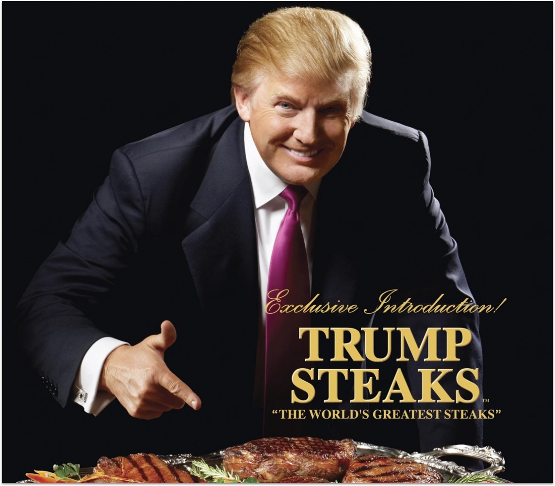 Năm 2007, Trump bắt đầu kinh doanh Trump Steaks. Thịt được bán thông qua Sharper Image, nhưng bán không chạy nên chỉ hai tháng sau bị lấy khỏi kệ hàng. Thịt cũng được tiếp thị ngắn hạn trên kênh mua sắm QVC. Ảnh: TL