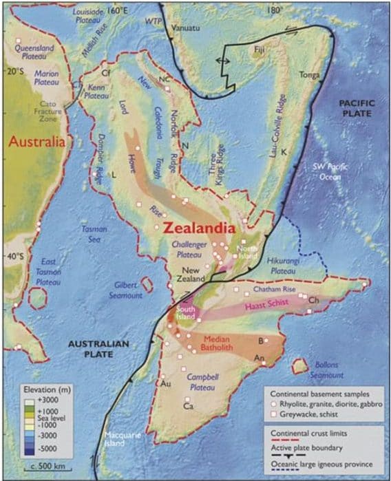 Một bản đồ về độ cao của Zealandia và nước Úc sát bên.