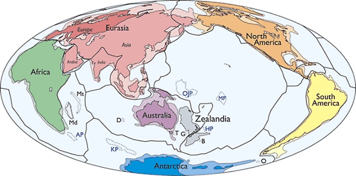 Zealandia được đánh dấu màu xám ở phía đông Úc.