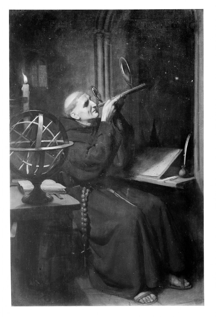 M0001840 Roger Bacon in his observatory at Merton College, Oxford. Oi Credit: Wellcome Library, London. Wellcome Images images@wellcome.ac.uk http://wellcomeimages.org Roger Bacon in his observatory at Merton College, Oxford. Oil painting by Ernest Board. By: Ernest BoardPublished: - Copyrighted work available under Creative Commons Attribution only licence CC BY 4.0 http://creativecommons.org/licenses/by/4.0/